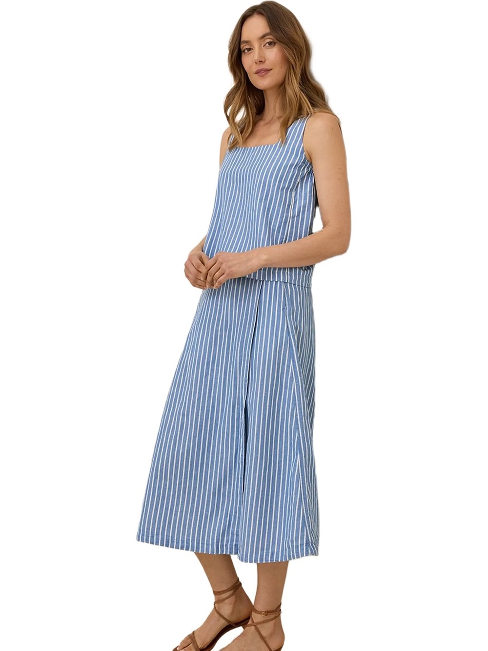 Canopy Bondi Stripe White & Blue Midi Skirt with Pockets Organic Cotton & Linen